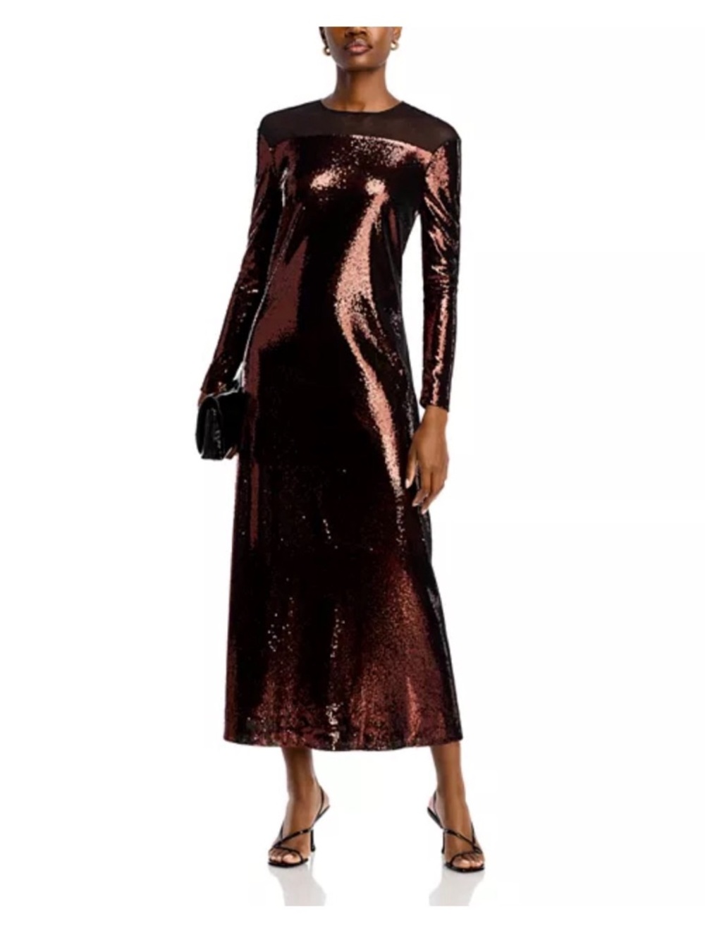 Sequin Long-Sleeve Evening Maxi Dress in Metallic Brown